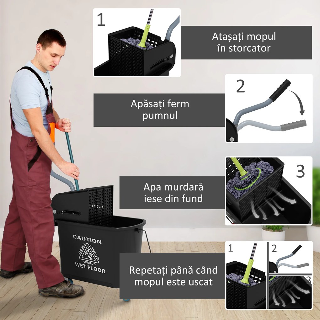 HOMCOM Cărucior Profesional pentru Curățenie cu Găleată pentru Mop de 20L, 60x27x70,5 cm, Negru | Aosom Romania