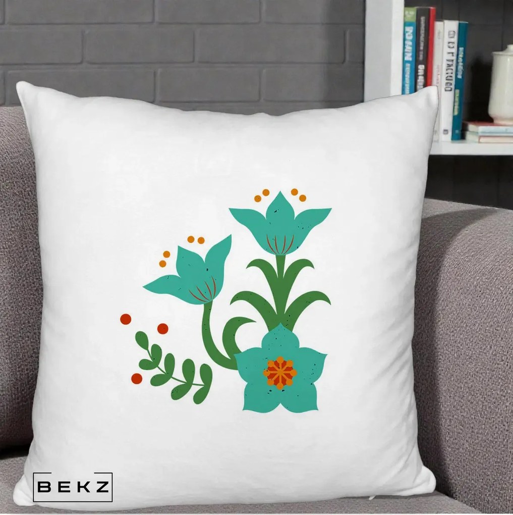 Perna Decorativa Flori Stilizate Folk Turcoaz, 40x40 cm, Alb Pufos, Husa Detasabila, Perna Inclusa, BEKZ®
