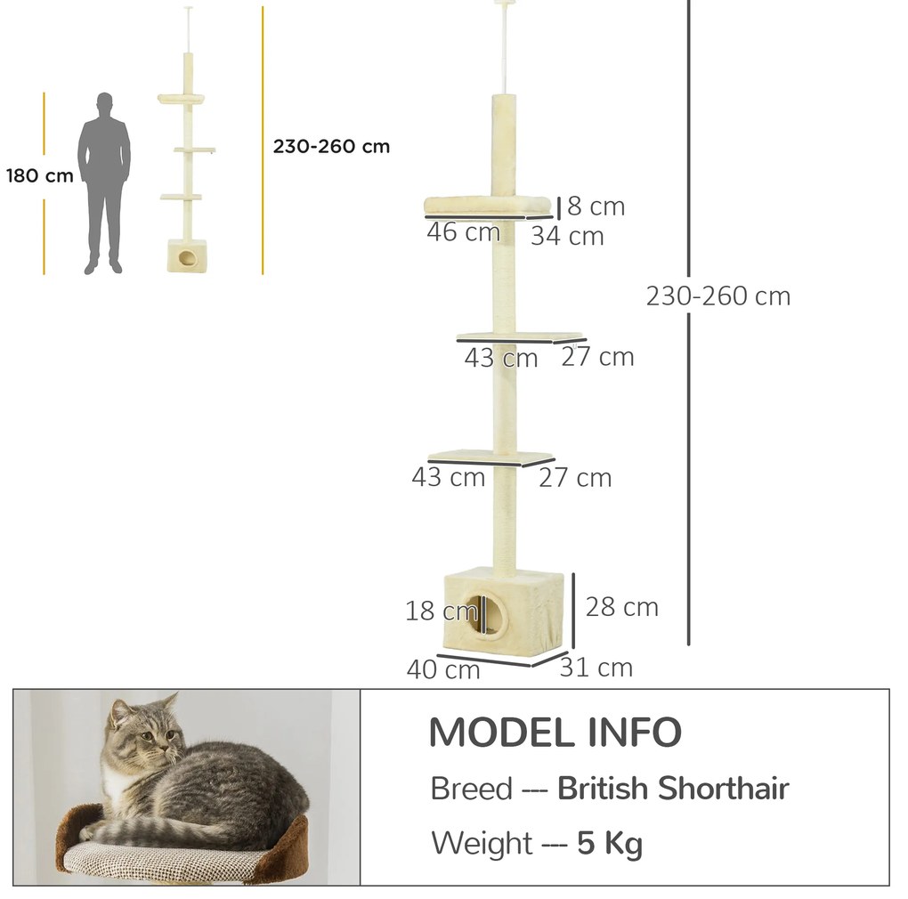 PawHut Copac de pisici stalp de zgariat inaltime reglabila dim. 440L x 31P x 240 - 270H cm 4 nivele de activitati cu asezare | Aosom Romania