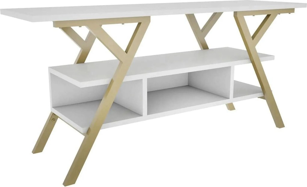 Comoda TV Minerva, alb/auriu, PAL/metal, 120x35x55 cm
