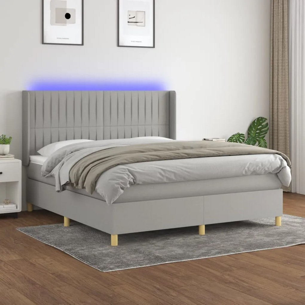 vidaXL Pat cu arcuri, saltea și LED, gri deschis, 160x200 cm, textil