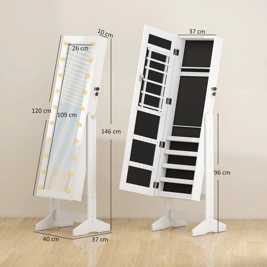 HOMCOM Dulap pentru Bijuterii cu Oglindă și LED-uri, Spațiu Amplu de Depozitare, 40x37x146 cm, Alb | Aosom Romania