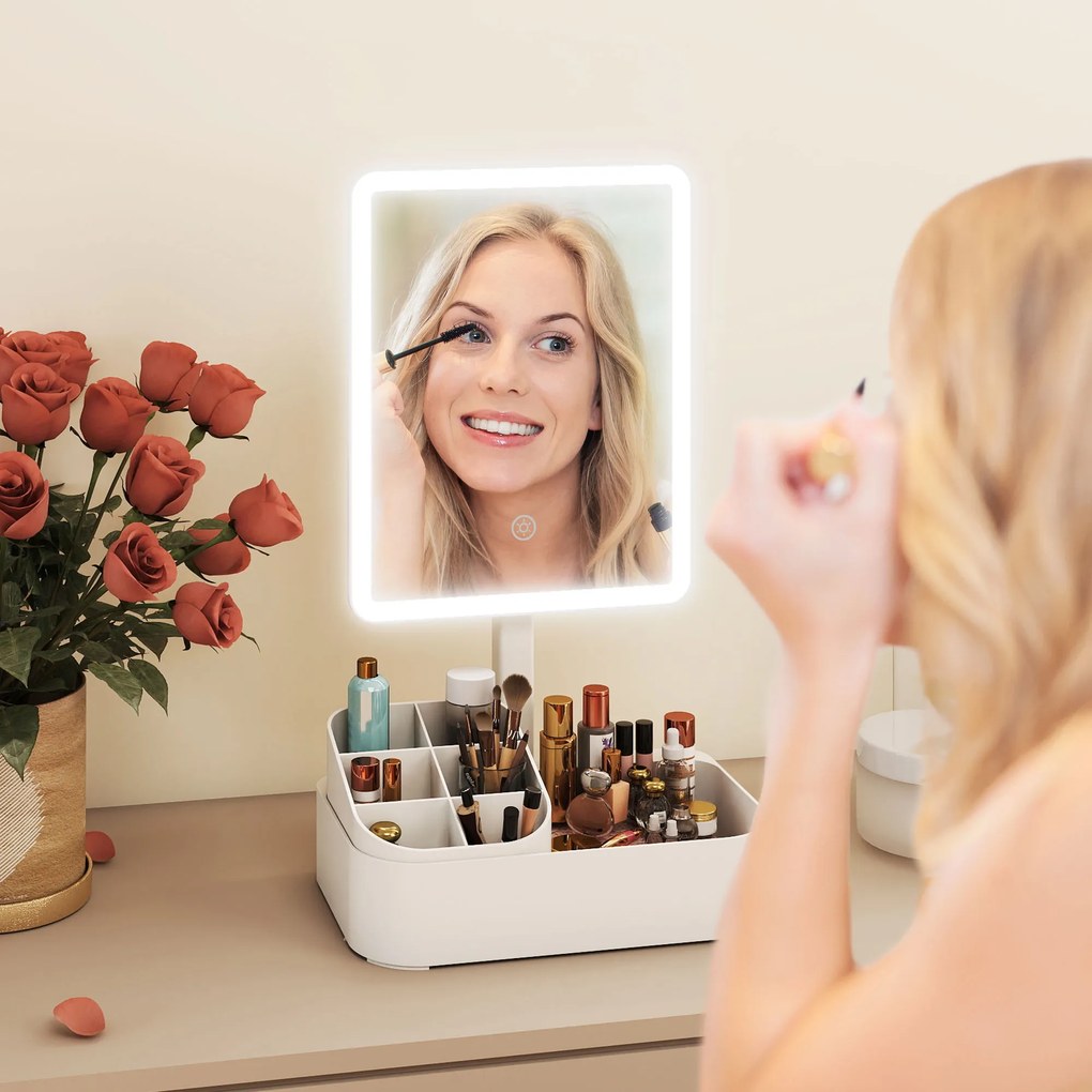 HOMCOM Oglindă Machiaj cu LED-uri, Oglindă Vanity Reîncărcabilă cu Ecran Touch, 2 Moduri de Iluminare și Rotire 180°, Alb | Aosom Romania