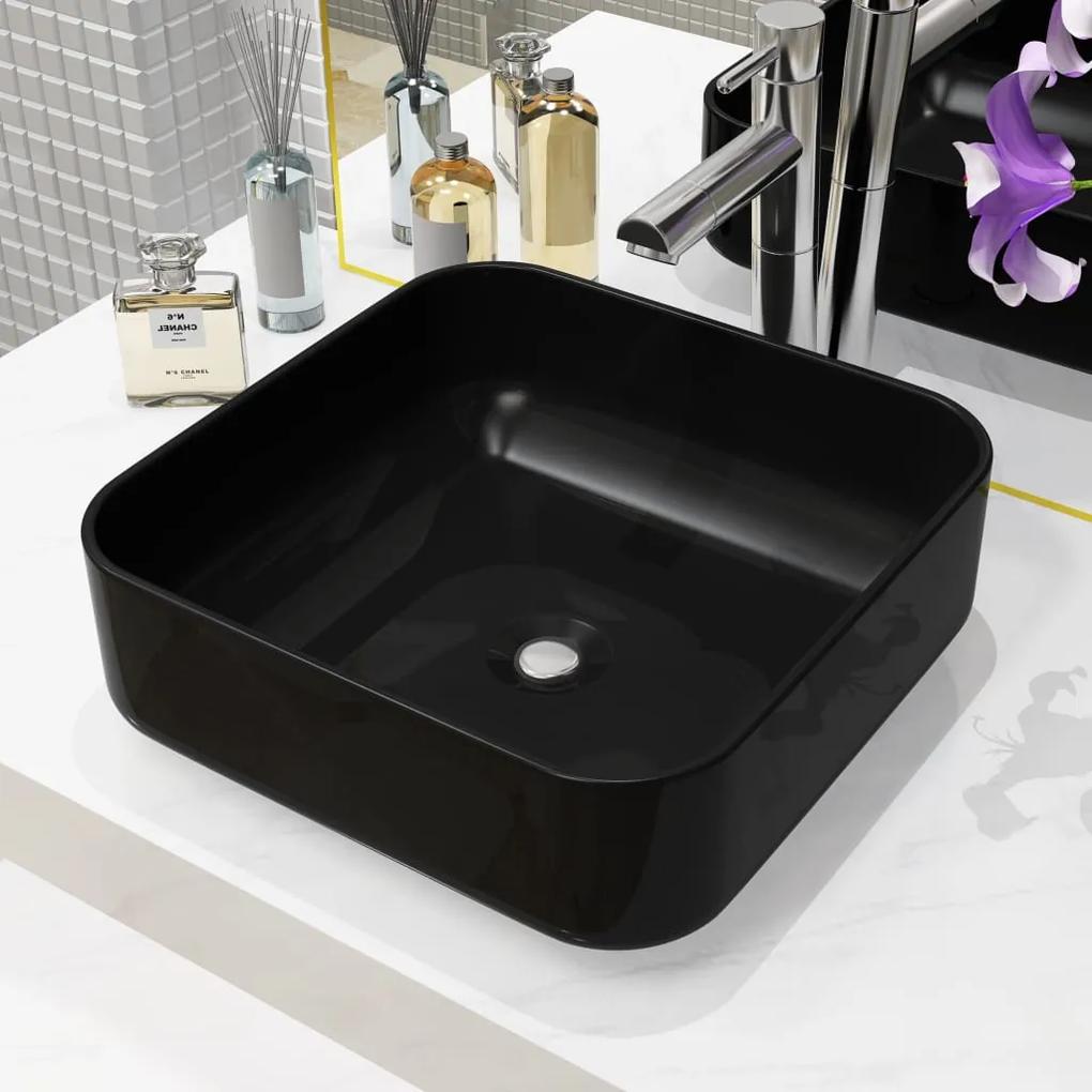 Chiuveta de baie din ceramica, patrata, negru, 38x38x13,5 cm