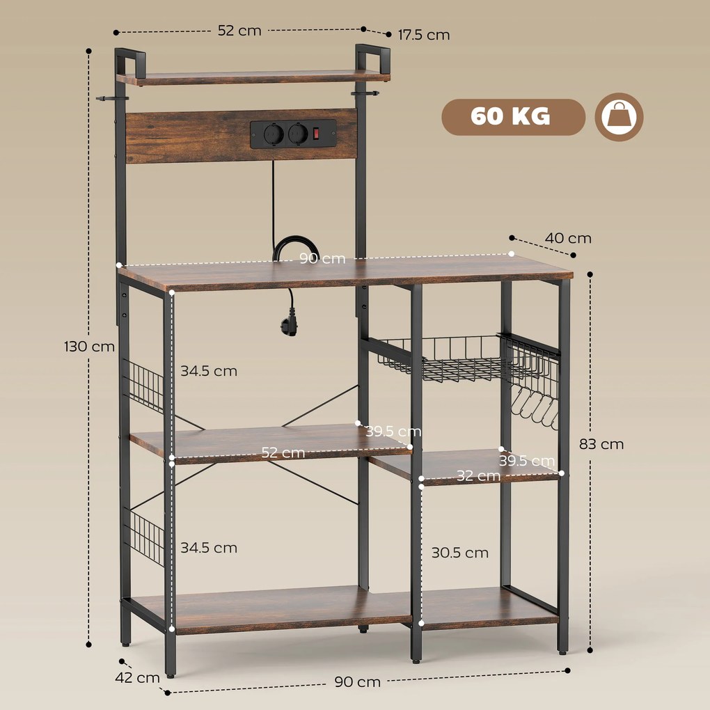 HOMCOM Raft pentru bucătărie, raft independent cu 2 prize, 5 cârlige S, 5 polițe, coș, bare în X, oțel 90 x 42 x 130 cm | Aosom Romania