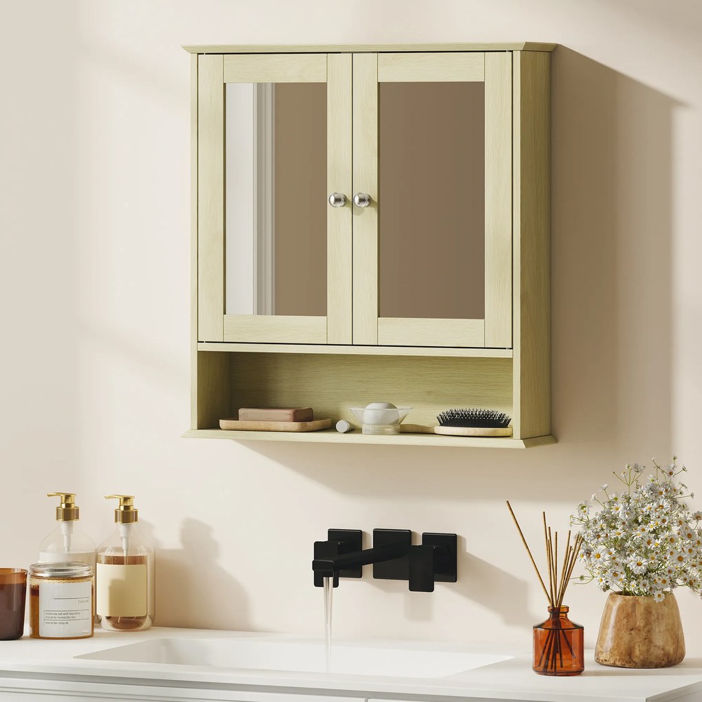 kleankin Dulap de perete pentru baie cu oglindă, 56 x 13 x 58 cm, mobilier de baie cu uși-oglindă duble, efect lemn natural | Aosom Romania