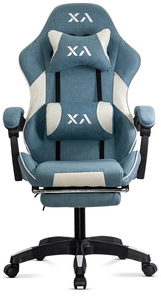 Scaun de gaming bleu din stofa cu suport de picioare OFF 295