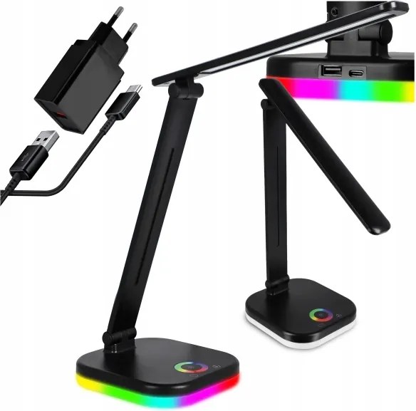 Lampă de birou LED RGBW dimabilă, cu încărcare wireless, 7W, 5V USB, negru