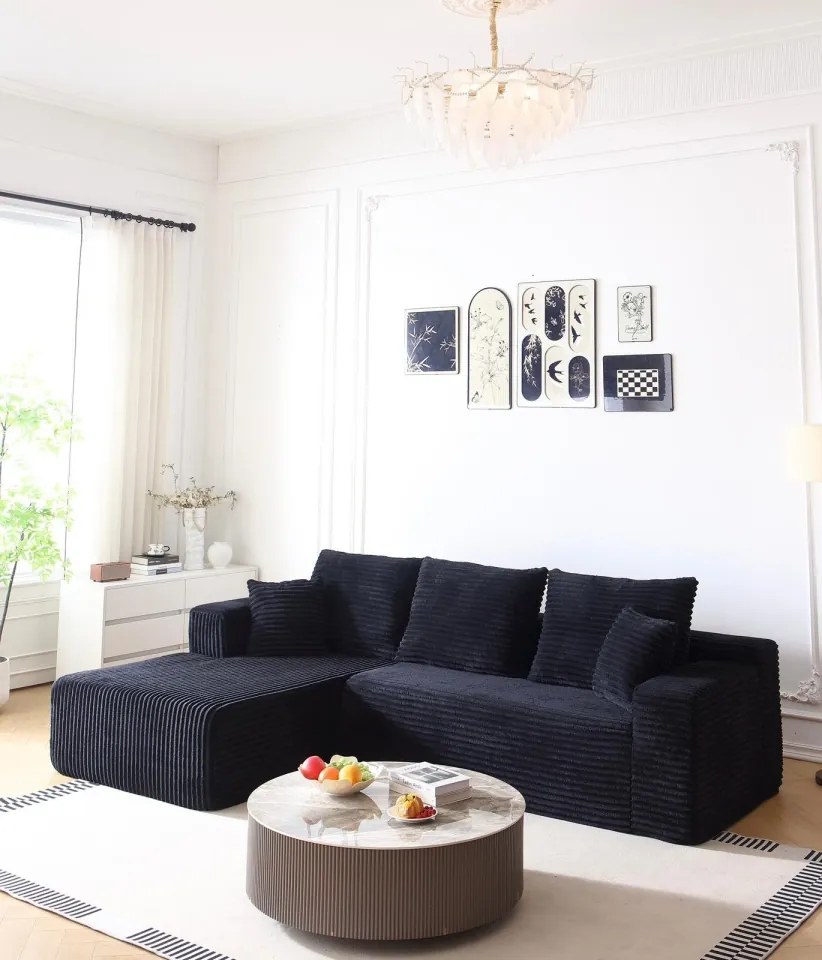 Canapea Colțar Premium Memory Foam HD 270x170x70 cm | Material Plusat Reiat cu Dungi Groase (Culoare: Negru)