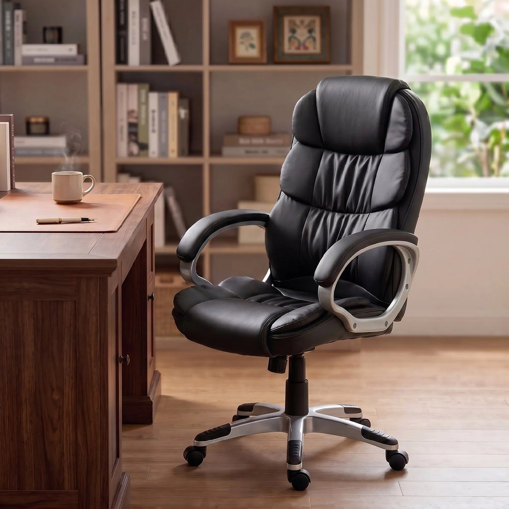 HOMCOM Scaun Birou Ergonomic Rotativ din Piele PU, Funcție Legănare, Înălțime Reglabilă, Capacitate 120kg, Negru | Aosom Romania