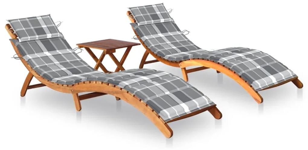 3077390 vidaXL Șezlonguri cu masă și perne, 2 buc., lemn masiv de acacia