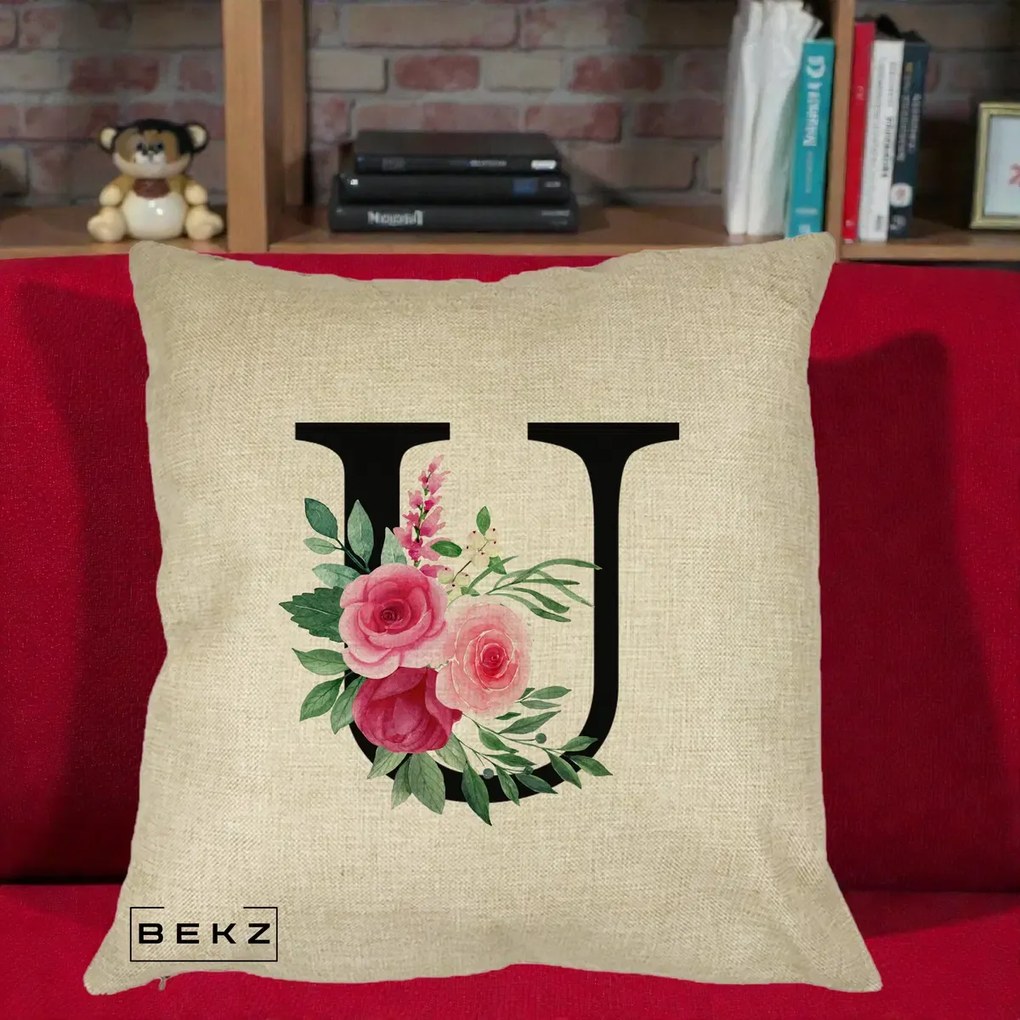 Cadou Personalizat - Perna Personalizata Monograma Florala Litera U, 40x40 cm, Crem, Husa Detasabila, Perna Inclusa, BEKZ®