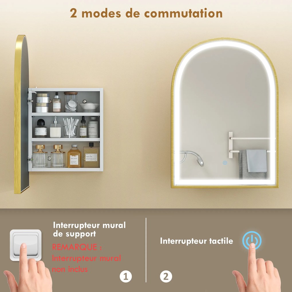 HOMCOM Dulap de perete pentru baie cu oglindă și iluminare LED, ușă arcuită, anti-abur, 50x14,5x70cm, auriu | Aosom Romania