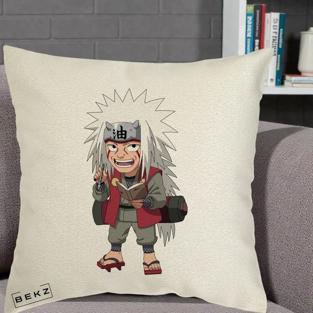 Perna Personalizata Naruto Jiraiya Sensei Chibi, 40x40 cm, Ecru, Husa Detasabila, Perna Inclusa, BEKZ®