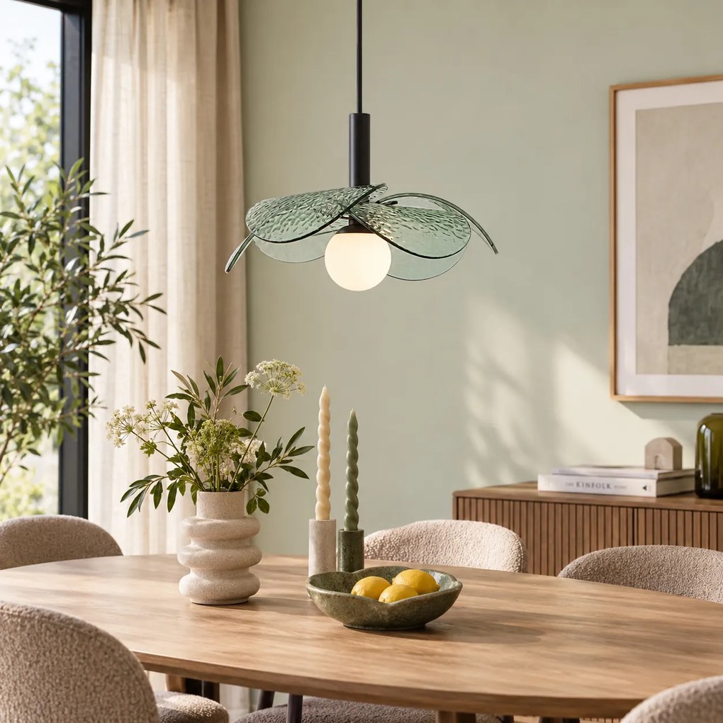 Lampă suspendată de design neagră cu sticlă verde - Kemner