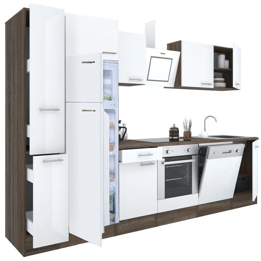 Mobilă de bucătărie Yorki 310, corp din stejar Yorki, față alb satinat, element cuptor inferior, frigider congelator superior