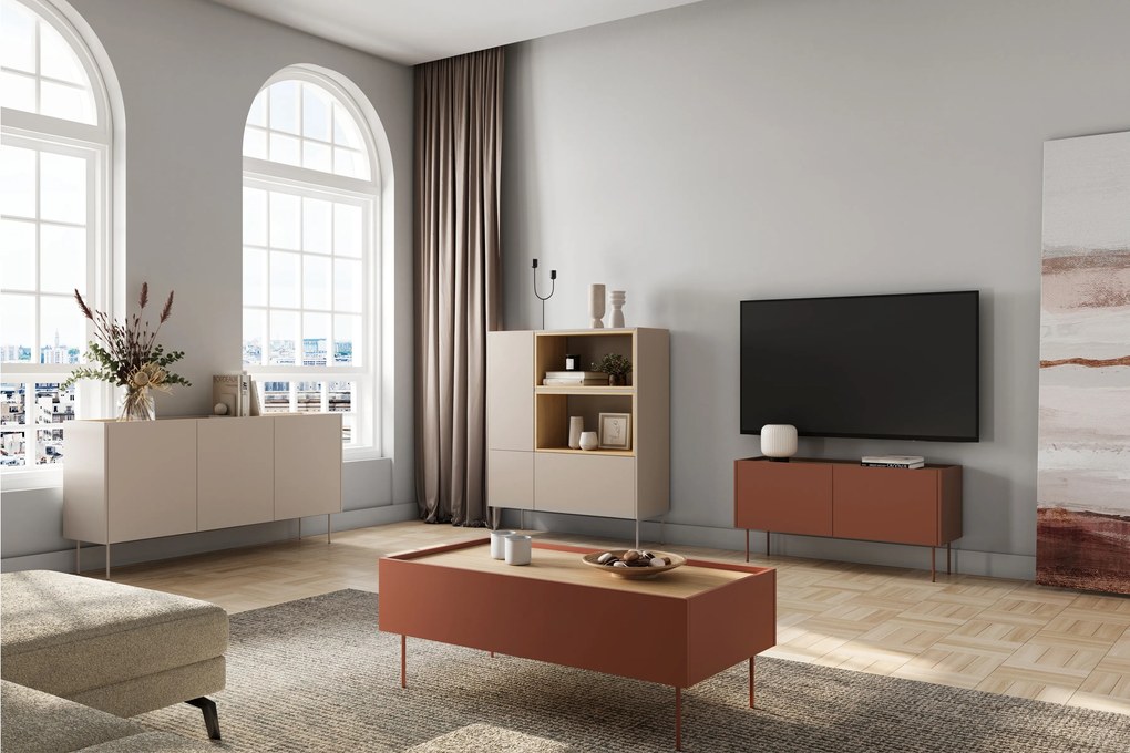Comodă înaltă cu două uși Desin 120 cm - roșu ceramică / stejar nagano