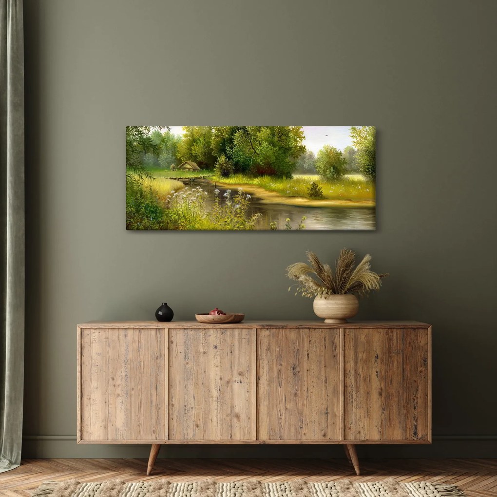 Tablou - Râu lângă pădure, pictură în ulei (120x50 cm)