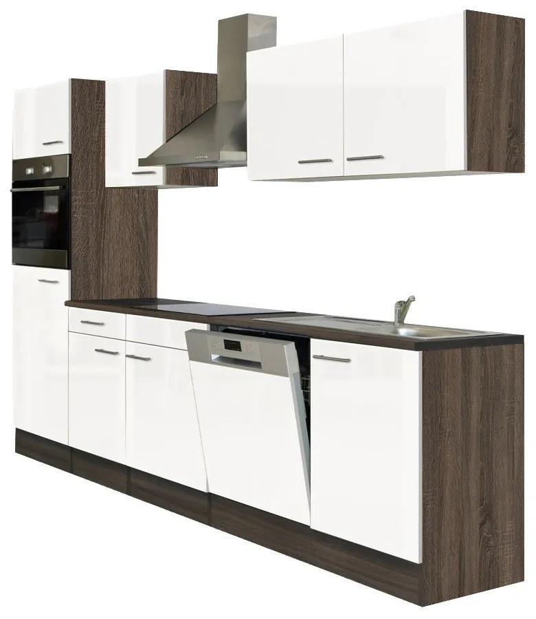 Mobilă de bucătărie Yorki cu corp din stejar Yorki, față alb satinat, dimensiune 280 cm