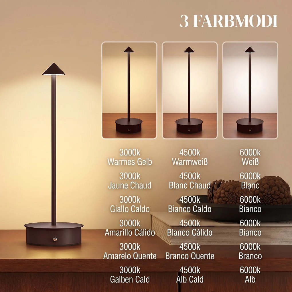 HOMCOM Lampă de Masă Reîncărcabilă cu USB, Lampă Fără Fir cu Temperatura Culorii Reglabilă 3000K/4500K/6500K, Control Touch, Autonomie 4-8 Ore, Cafea | Aosom Romania
