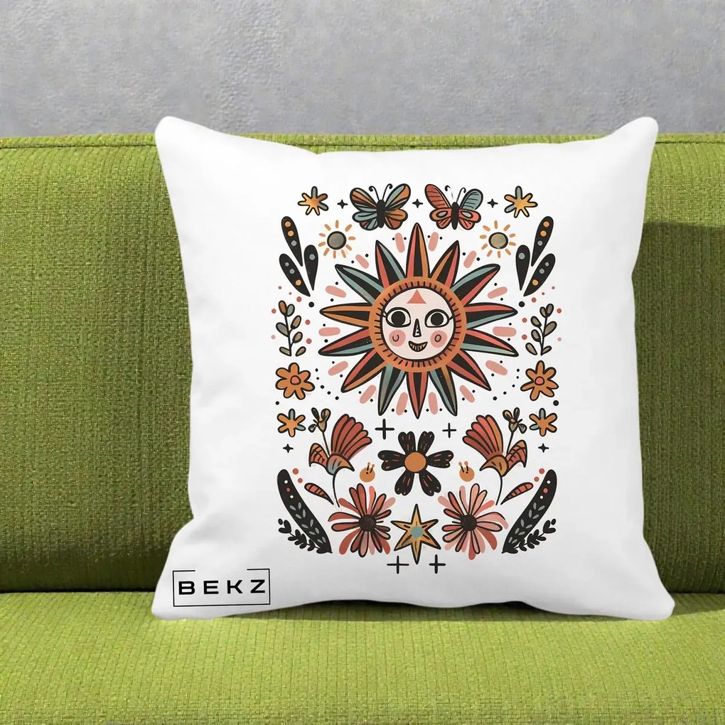 Perna Decorativa Soare Boho Folk Fluturi, 40x40 cm, Alba Mata, Husa Detasabila, Perna Inclusa, BEKZ®