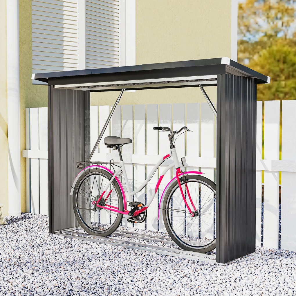 Outsunny Adăpost pentru Lemne din Oțel Exterior, Bază Ridicată și Acoperiș Înclinat, 213x66.5x150 cm, Gri Închis | Aosom Romania