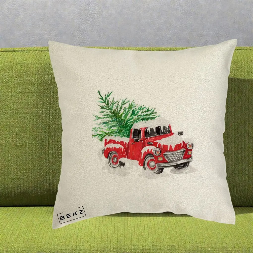 Perna Decorativa Camioneta Rosie Brad de Craciun, 40x40 cm, Ecru, Husa Detasabila, Perna Inclusa, BEKZ®