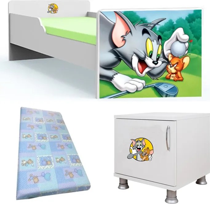 Pat tineret Tom &amp; Jerry cu saltea si noptiera