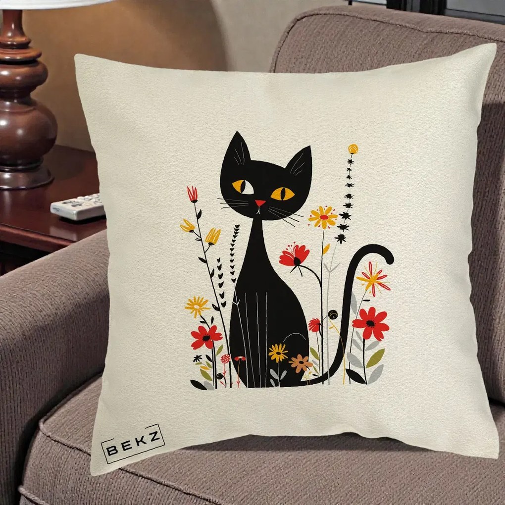 Perna Decorativa Pisica Neagra Ochi Galbeni Flori, 40x40 cm, Ecru, Husa Detasabila, Perna Inclusa, BEKZ®