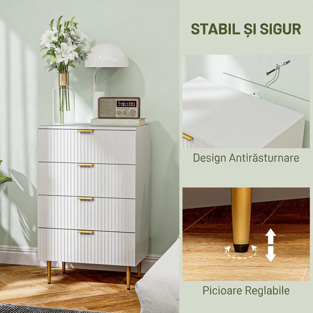 HOMCOM Comodă cu 4 Sertare din Lemn MDF, Comodă Modernă cu Mânere și Picioare Aurii, 60x40x96 cm, Alb | Aosom Romania