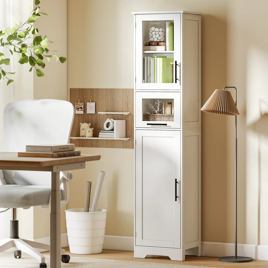 HOMCOM Coloană pentru baie, mobilier de depozitare cu sertar, 2 uși și raft reglabil, 40 x 31 x 170 cm, alb | Aosom Romania