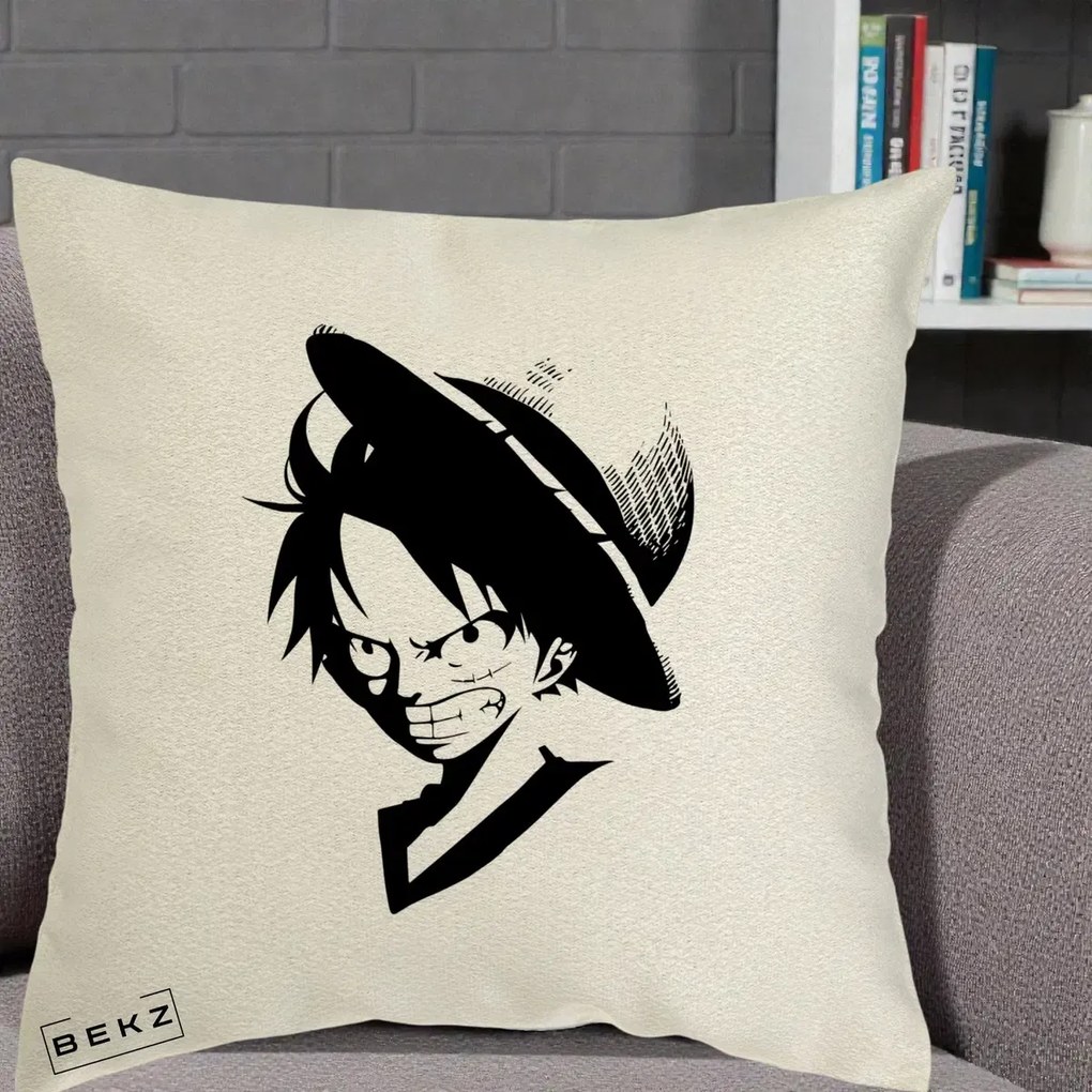 Perna Personalizata One Piece Luffy Silueta Alb-Negru, 40x40 cm, Ecru, Husa Detasabila, Perna Inclusa, BEKZ®