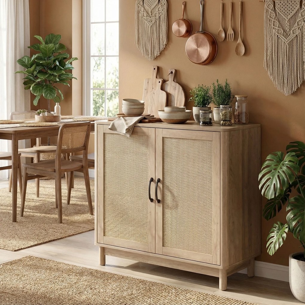 HOMCOM Bufet pentru living, mobilier de depozitare cu 2 uși din ratan, poliță reglabilă și margini rotunjite, 76 x 35 x 75,5 cm, stejar | Aosom Romania