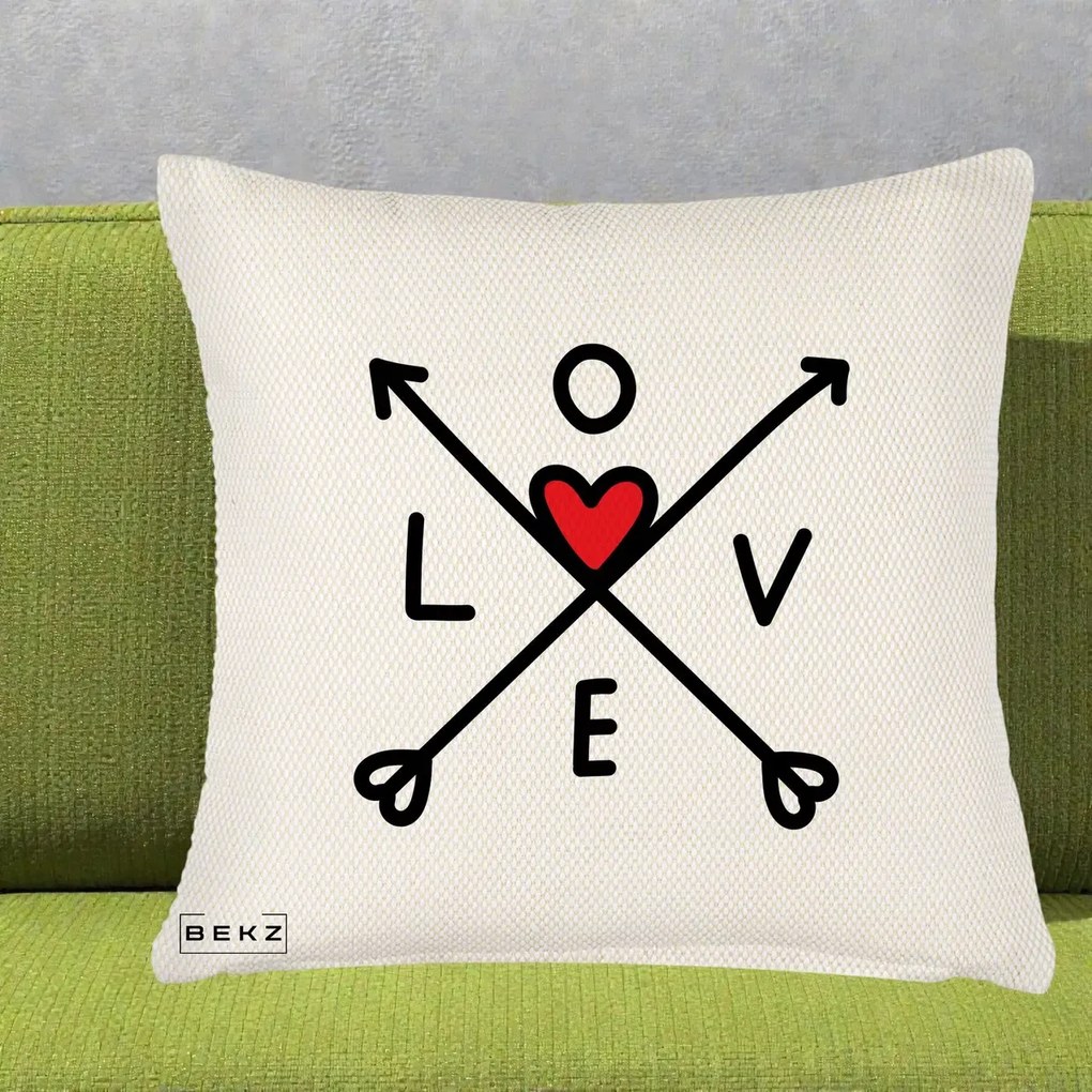 Perna Decorativa Love cu Sageti Incrucisate si Inima Rosie, 40x40 cm, Crem Reliefat, Husa Detasabila, Perna Inclusa, BEKZ®