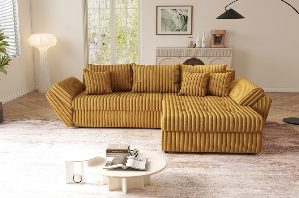 Colțar extensibil dumonde cu ladă de depozitare si sezut confortabil din spuma high-density, Loana Ambience Mustar II 270x185 cm