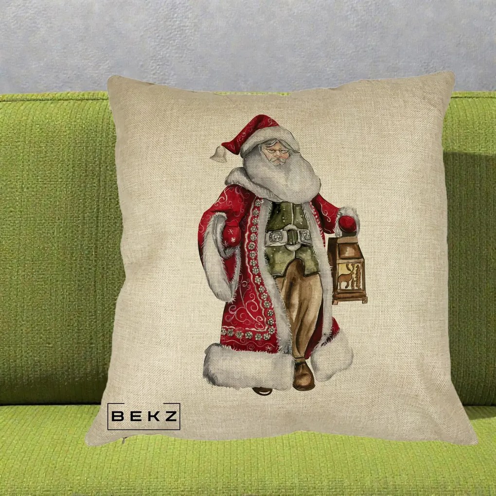 Perna decorativa de Craciun: Mos Craciun Vintage cu Felinar, 40x40 cm cu Umplutura, Crem, BEKZ