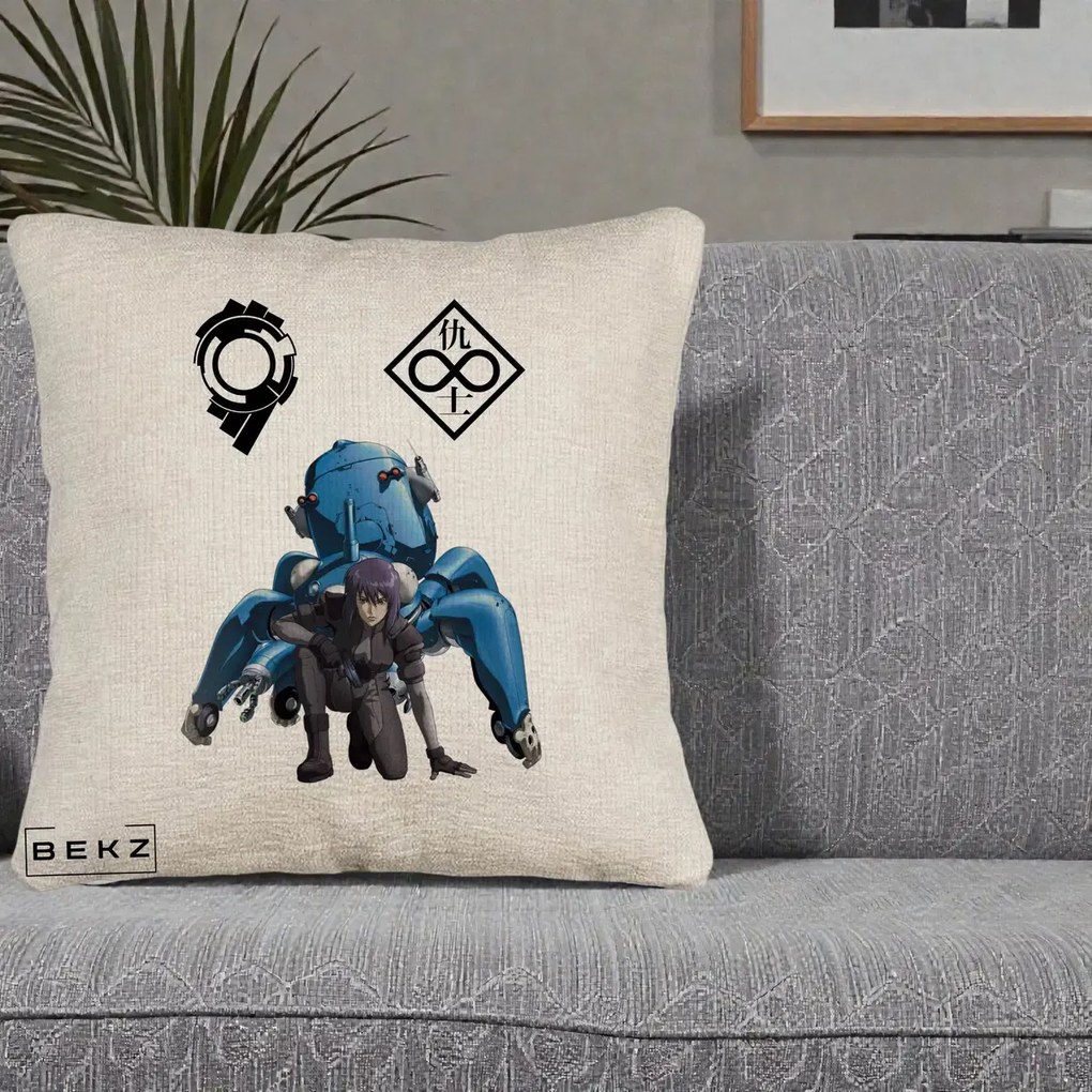 Perna Personalizata Ghost in the Shell Motoko si Tachikoma, 40x40 cm, Bej Canapea, Husa Detasabila, Perna Inclusa, BEKZ®