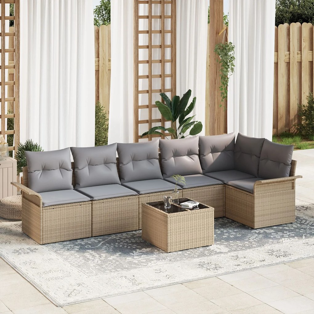 vidaXL Set de canapele pentru grădină cu pernă 7 pcs Bej Rattan poli