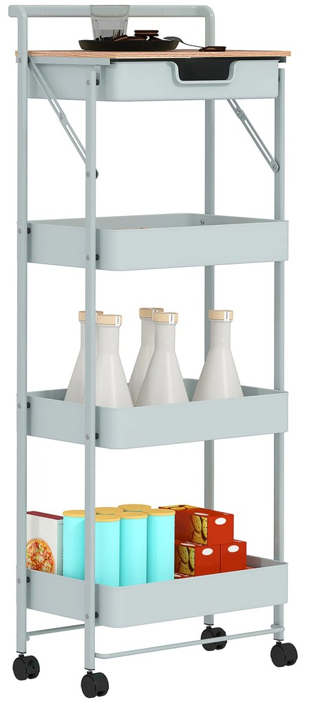 HOMCOM Desserte cărucior de depozitare cu roți 4 niveluri cu sertar, blat și coșuri, verde | Aosom Romania