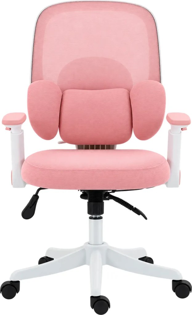 LUMBARIS 871– Scaun Ergonomic cu Suport Lombar Triplu Ajustabil, Cotiere Reglabile, Spătar Mesh, Înclinare 90°–135°, Roz/Alb