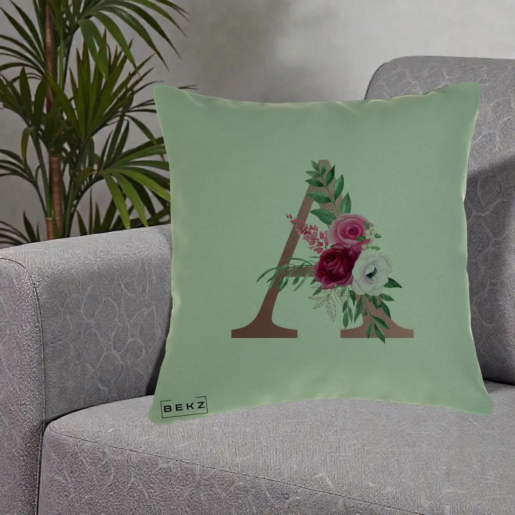 Cadou Personalizat - Perna Personalizata Monograma Rose Gold Litera A, 40x40 cm, Verde, Husa Detasabila, Perna Inclusa, BEKZ®
