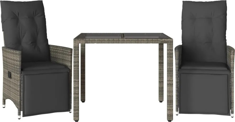 vidaXL Set bistro de grădină cu perne, 3 piese, gri, poliratan