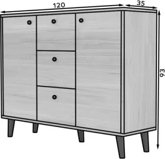 Comodă cu doua usi si trei sertare, 120x35x93 cm, BESA, ADRK Furniture (Culoare: Artisan / Negru)
