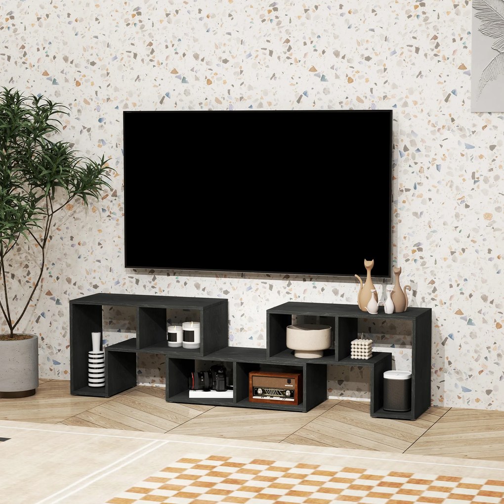 HOMCOM Mobilier TV 75" cu 2 Rafturi în Formă de L și Raft Dreptunghiular, 134-180x30,5x44 cm, Negru | Aosom Romania