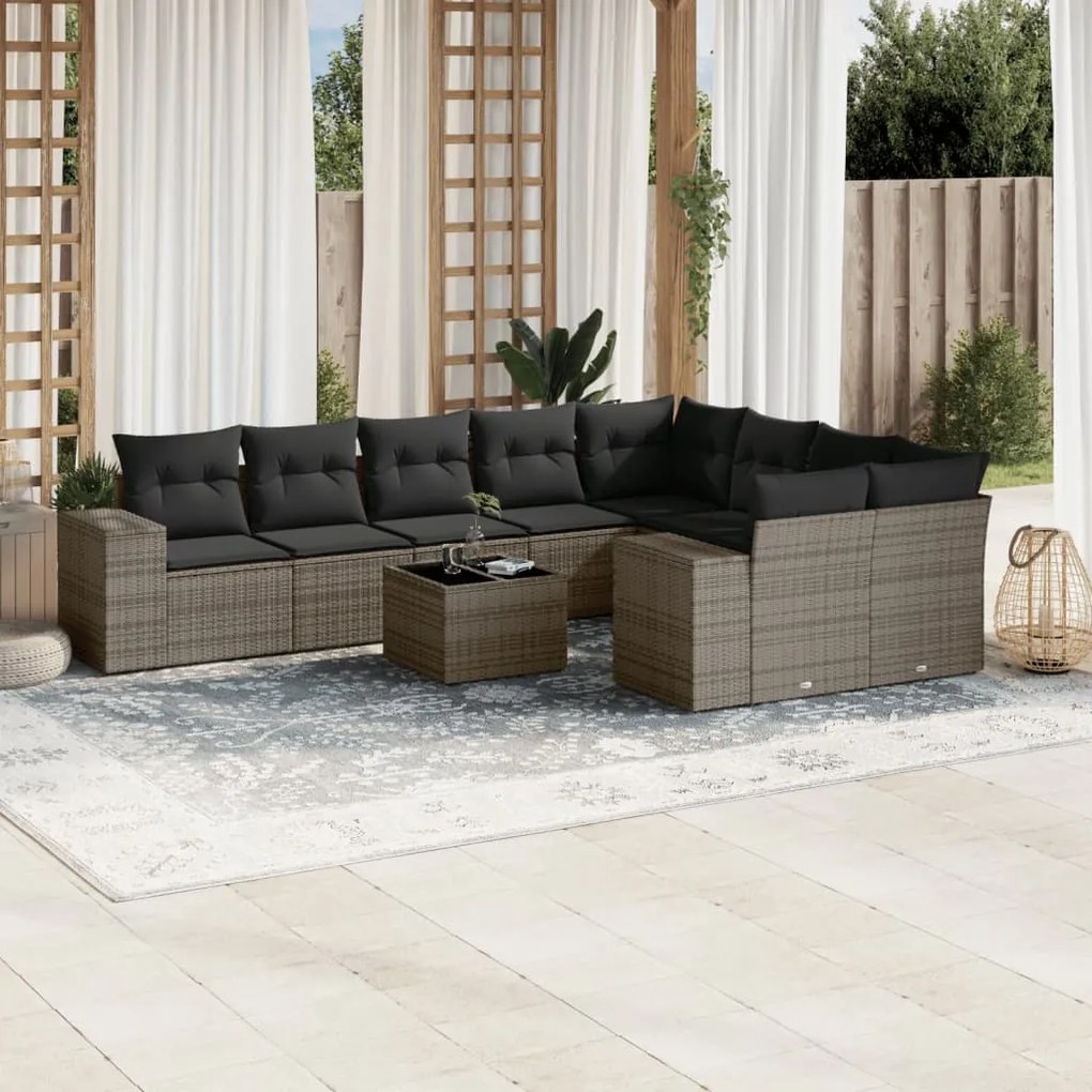 vidaXL Set mobilier de grădină cu perne, 10 piese, gri, poliratan