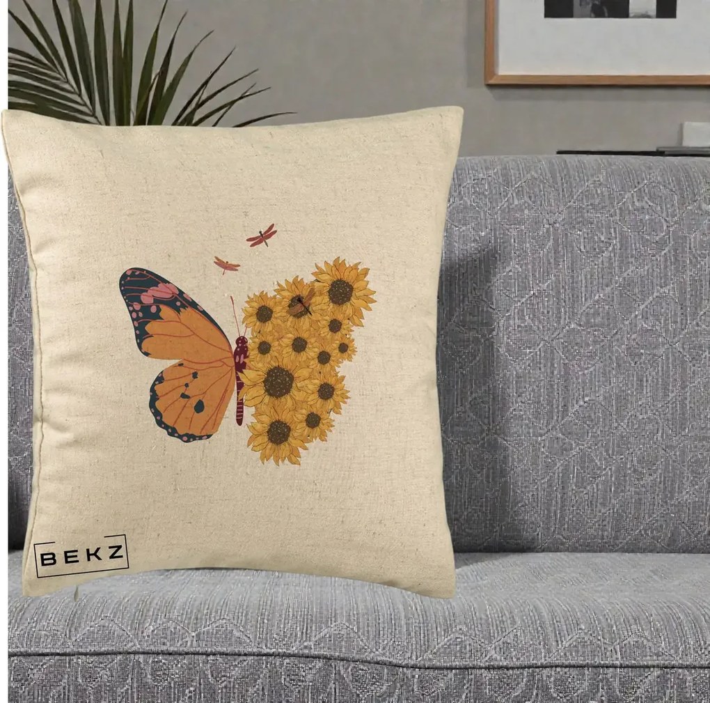 Perna Decorativa Fluture Floarea-Soarelui, 40x40 cm, Bej, Husa Detasabila, Perna Inclusa, BEKZ®