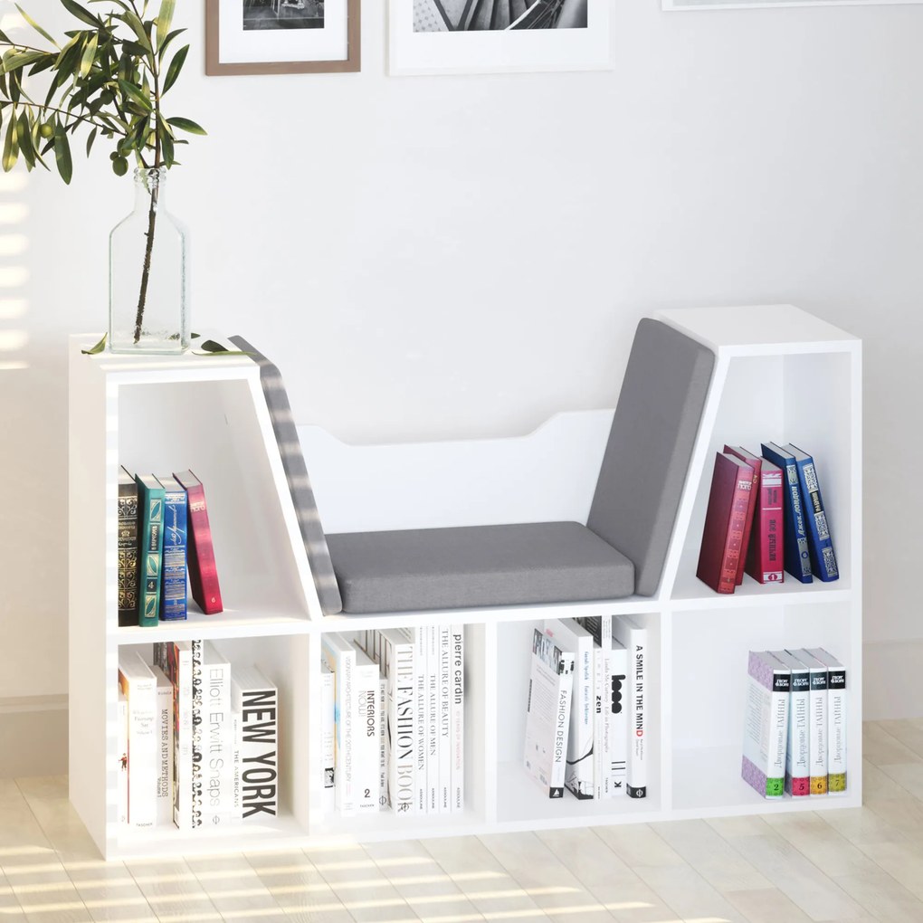 HOMCOM Bibliotecă 2 în 1 cu Perne Confortabile și 6 Compartimente, Mobilier Multifuncțional pentru Cărți și Jocuri, Raft cu 6 Cuburi pentru Sufragerie, Dormitor și Birou, 102x30x61 cm, Alb | Aosom Romania