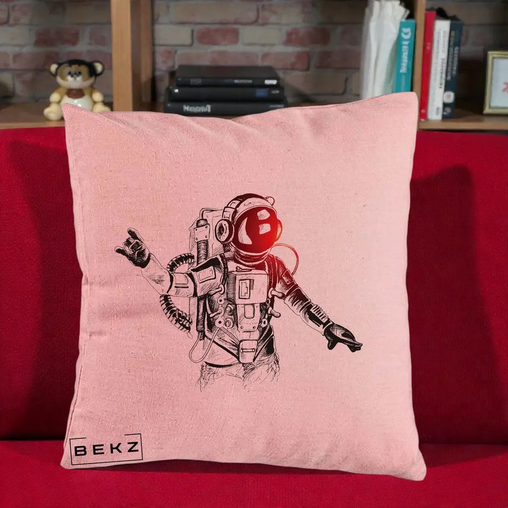 Perna Decorativa Astronaut Rock Sketching, 40x40 cm, Roz, Husa Detasabila, Perna Inclusa, BEKZ®