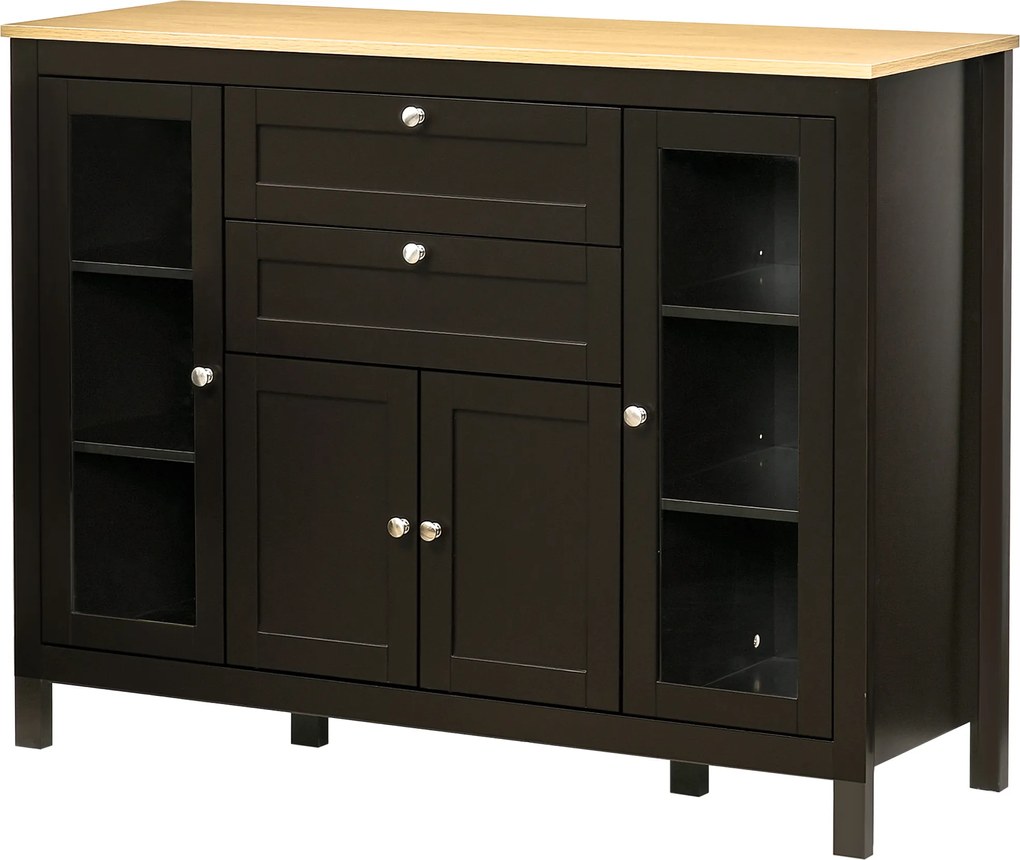 HOMCOM Bufet mobilier de depozitare 1 dulap cu uși duble 2 dulapuri cu uși din sticlă 2 sertare raft reglabil 120x40x90cm negru | Aosom Romania