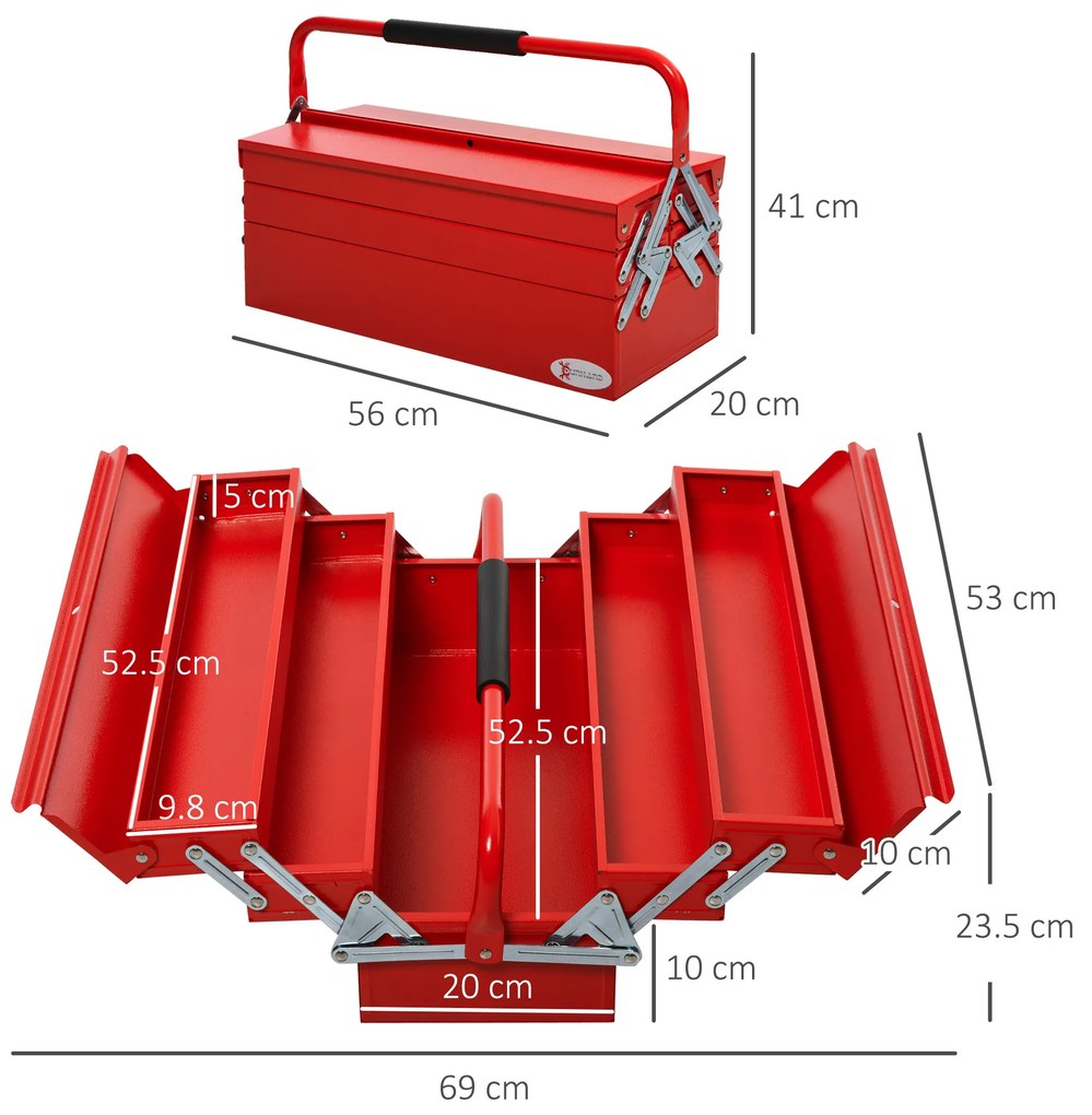 DURHAND Valiză Robustă pentru Unelte cu 5 Compartimente, Design Portabil, Roșu, 51x21x41 cm | Aosom Romania